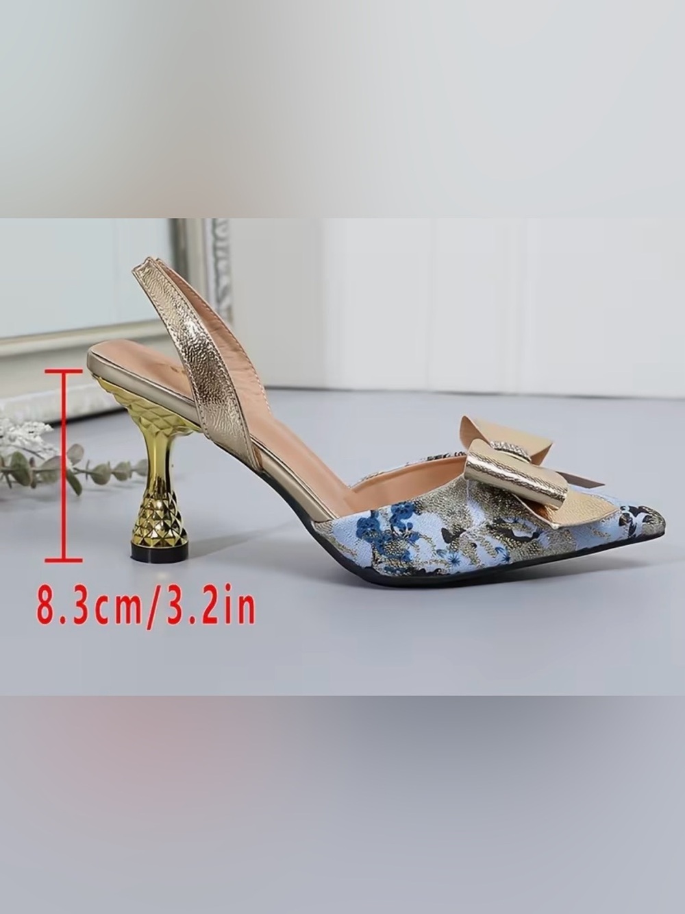 Gold Metallic Slingback Blue Floral bow heels